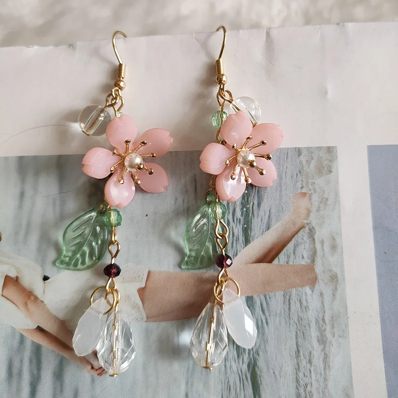 Spring Pink Flower Dangle Earrings for Women Fairy Charms Floral Leaf Earrings Summer Holiday Pendants Jewelry Gifts