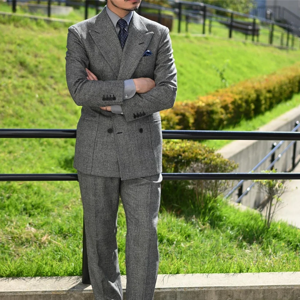 

Handsome Herringbone Grey Suit For Mens Double Breasted Business Blazer Wedding Groom Tuxedo 2 Piece Jacket Pants Costume Homme