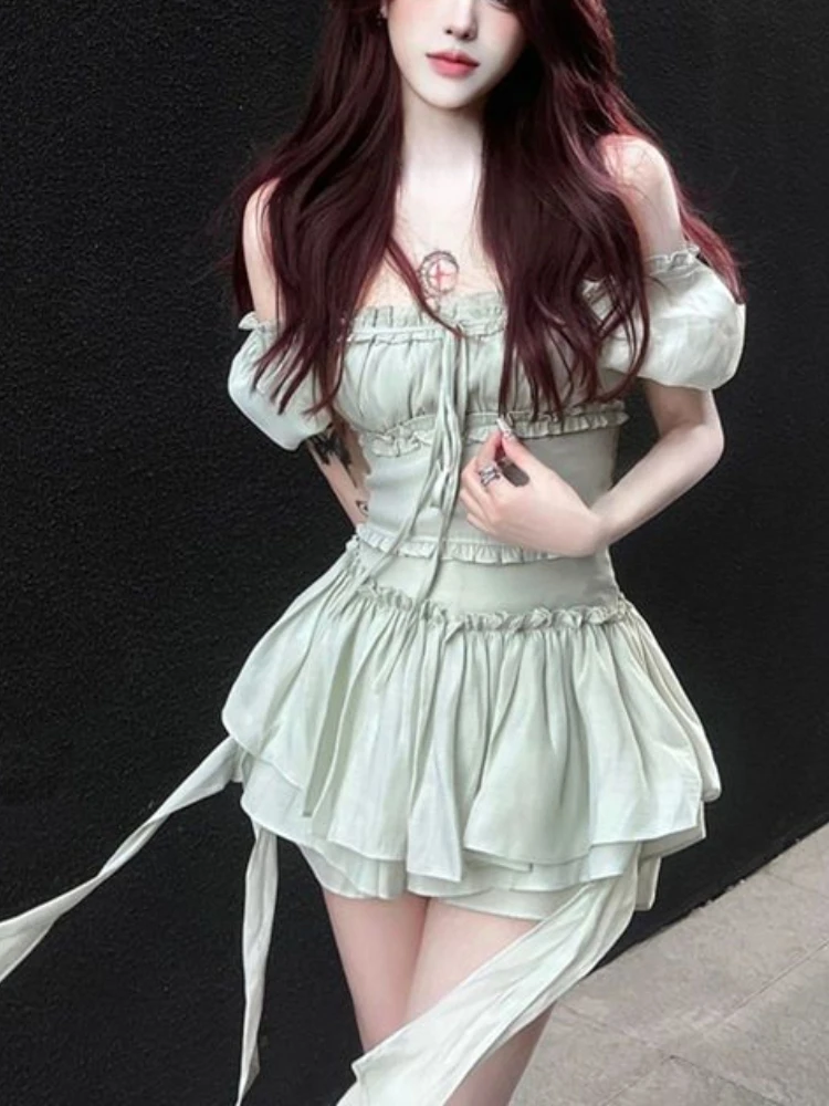 

Summer France Vintage Two Piece Set Women Chiffon Elegant Hight Waist Skirt Suit Female Korean Casual Ruched Sweet Set 2023 New