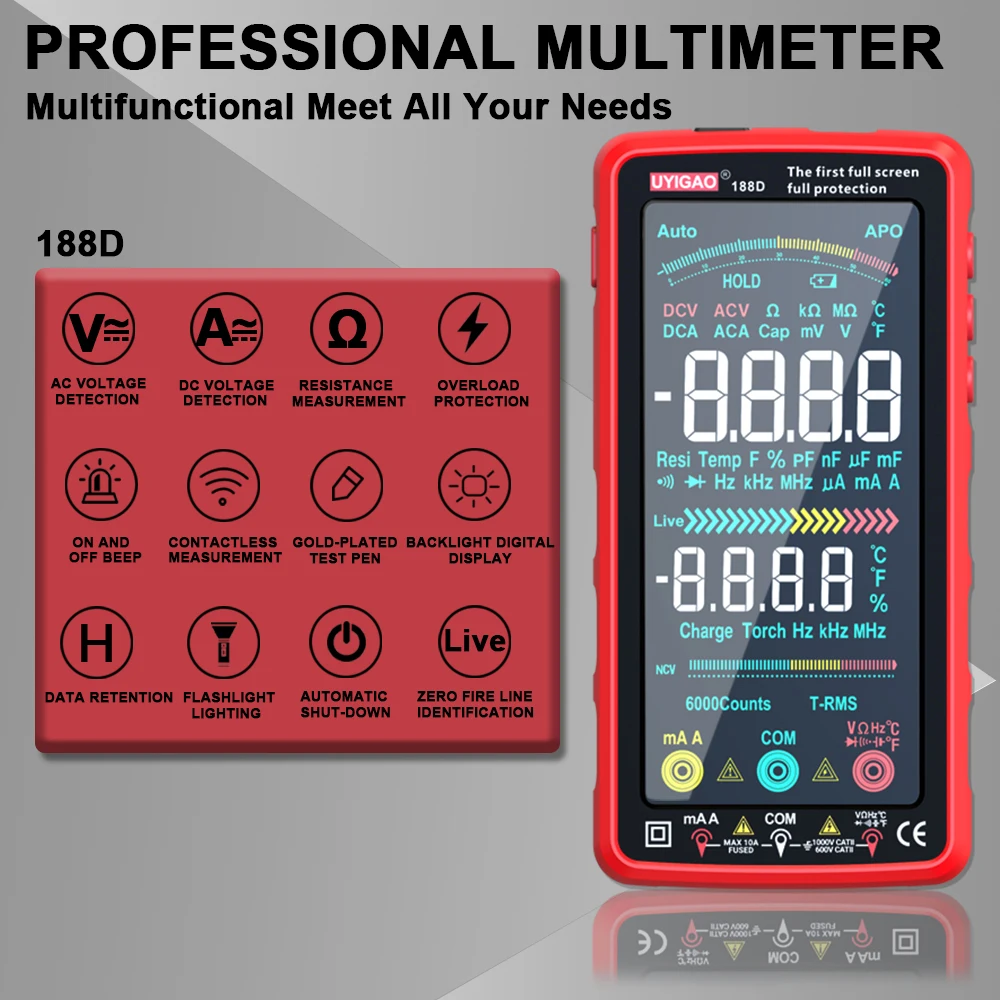 USB Rechargeable Smart Multimeter 6000 Counts TRMS Touch Screen Voltage Current Resistance NCV Measurement Electrical Instrument
