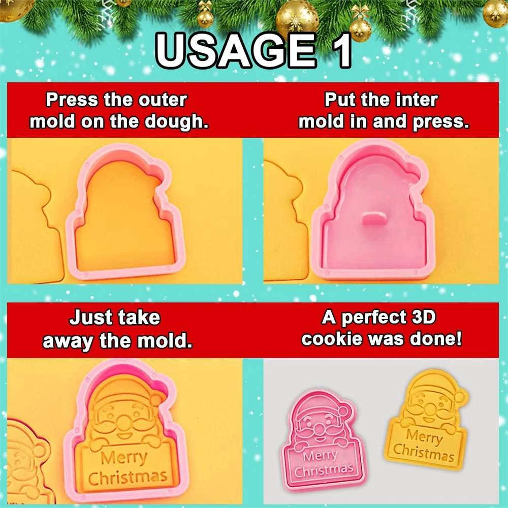 8 PCSChristmas Cookie Molds Christmas Dough Stamps Plastic 3D Cartoon Pressable Cookie Molds DIY Candy Baking Pastry Decoration
