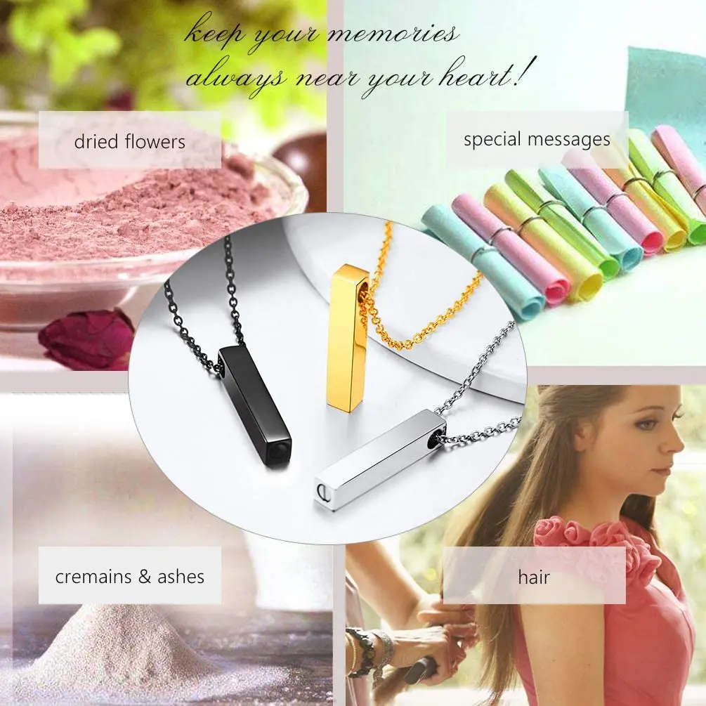 PROSTEEL Ashes Urn Rectangle Bar 18K Gold/Black/Silver Memorial Keepsake Pendant Necklace for Family Friend Gift PSP4147