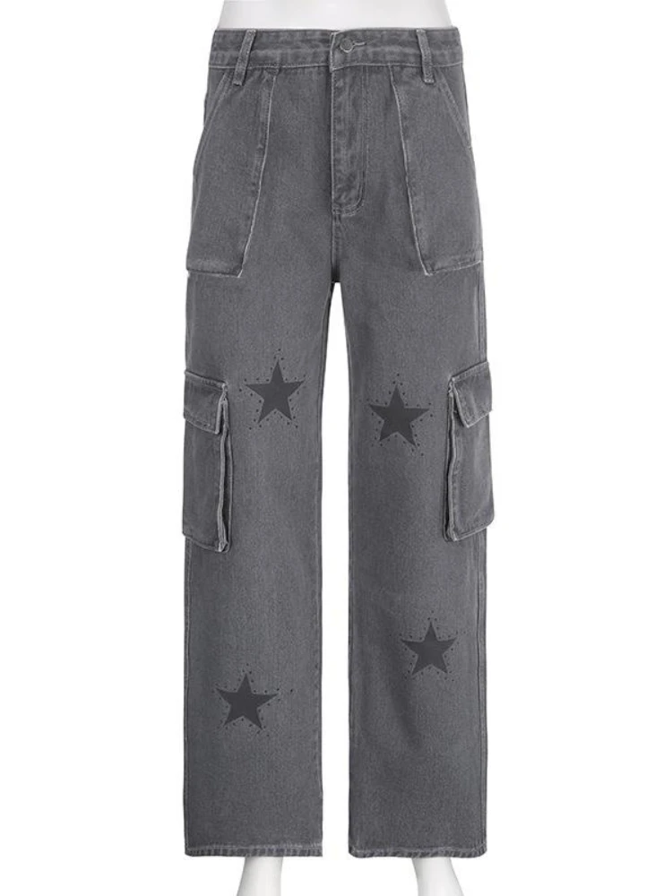 QWEEK Y2k Vintage Style Cargo Pants Women Streetwear Low Waist Star Print Pockets Casual Jeans Autumn Winter Wide Leg Jeans