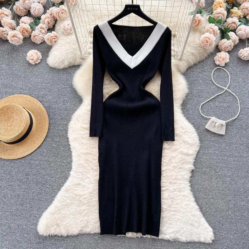 

Женское трикотажное платье в стиле ретро, облегающее модное платье с запахом, V-образным вырезом, высокой талией и длинными рукавами, Осень-зима 2023