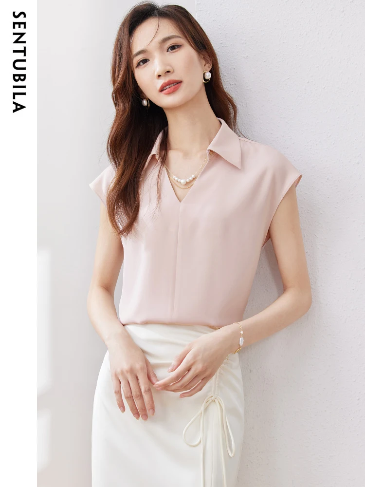 SENTUBILA Office Lady Chiffon Blouse 2023 Summer Turn-Down Collar Solid Sleeveless Shirt Top Woman Shirts & Blouses 132V49689