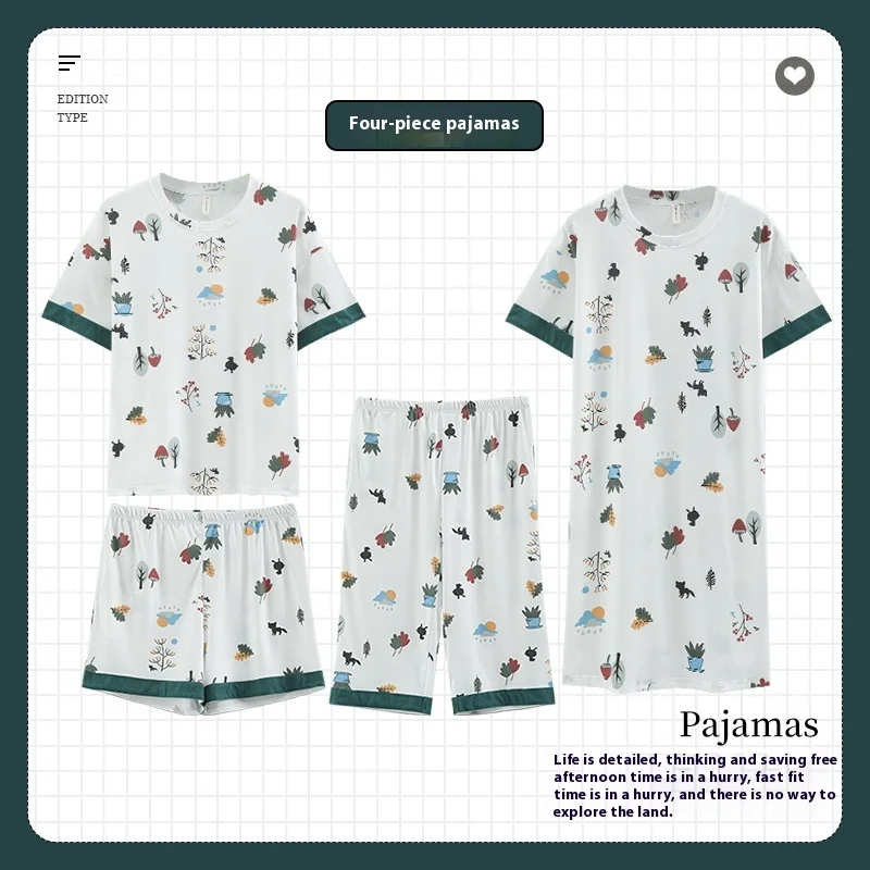 Saisonal neue kurzärmlige Shorts aus Baumwolle für Damen, Pyjamas, Nachthemden, kurze Hosen für Mädchen, Hauskleidung, 4-teiliges Set_voghion.com