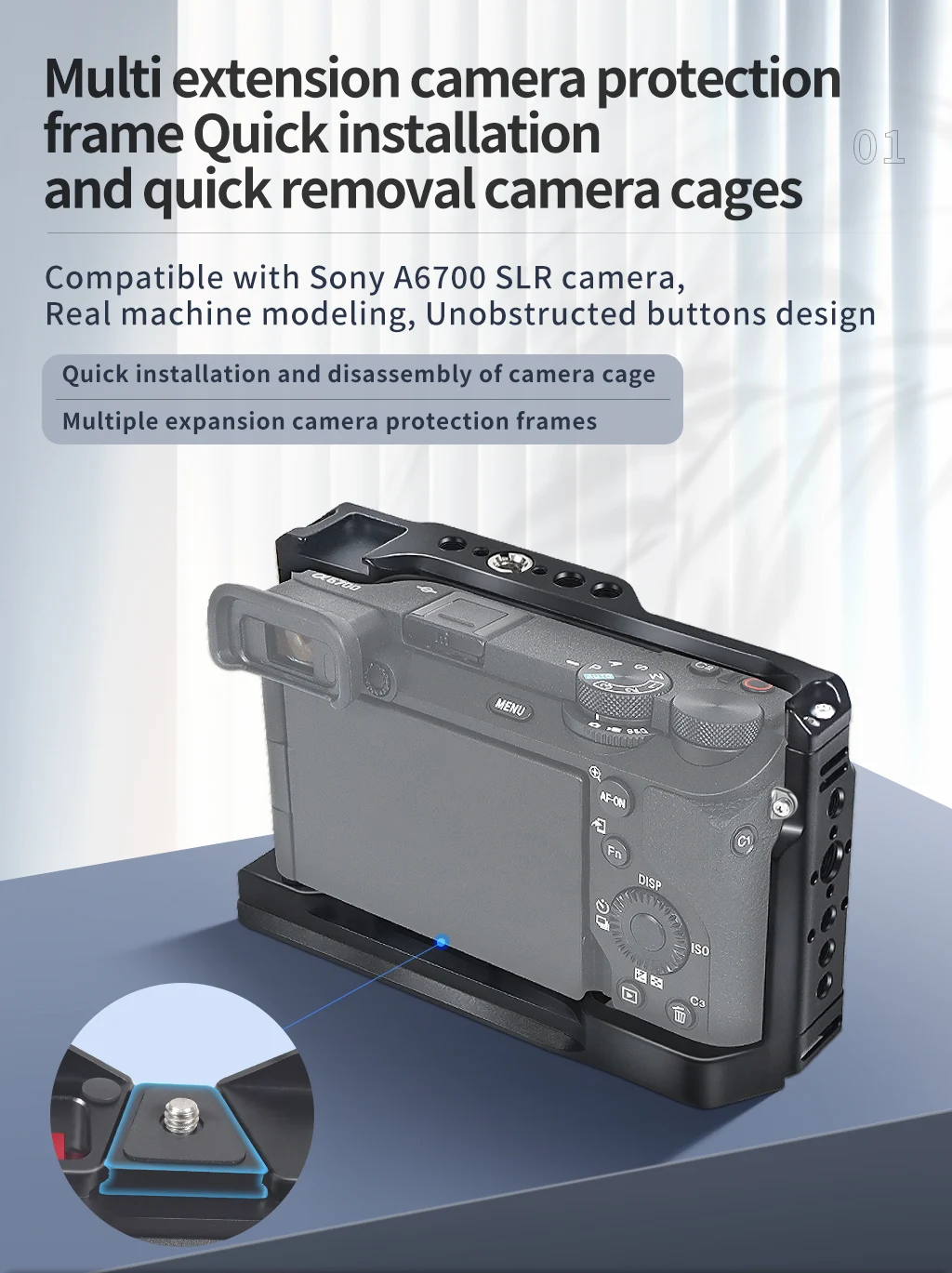 Kamerakäfig aus Aluminiumlegierung, Video-Rig, oberer Griff, Kit mit Kaltschuhhalterung für Sony A6700 DSLR-Kamera für Mikrofon, Blitzlicht – Detail 1