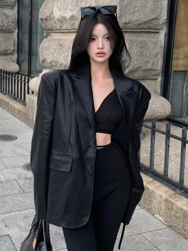 

Women Autumn Casual Solid Overcoat 2023 Long Sleeve Fashion Cool Girl Blazer Jacket Korean New PU Turn-down Neck Female Clothes