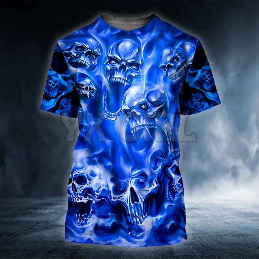 

2022 Summer Blue Flame Pile Skull 3D All Over Printed T Shirts Tee Tops shirts Unisex Tshirt halloween gift