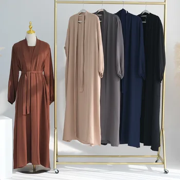2025 Latest 2 Piece Abaya Set Plain Abaya EID Ramadan Islamic Clothing Women Muslim Dress Cardigan Abaya 1