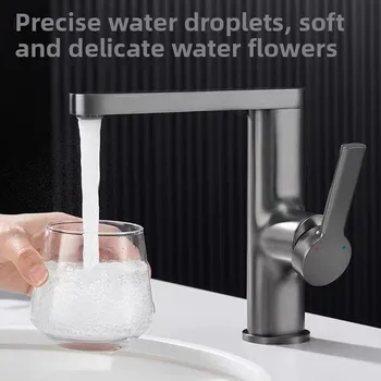 ก๊อกน้ําร้อนและเย็นอ่างล้างหน้าสีเทาปืนทองแดงคุณภาพสูง ก๊อกน้ําหลุมเดียวในครัวเรือนที่สามารถหมุนได้ 360 องศาได้อย่างอิสระ 1