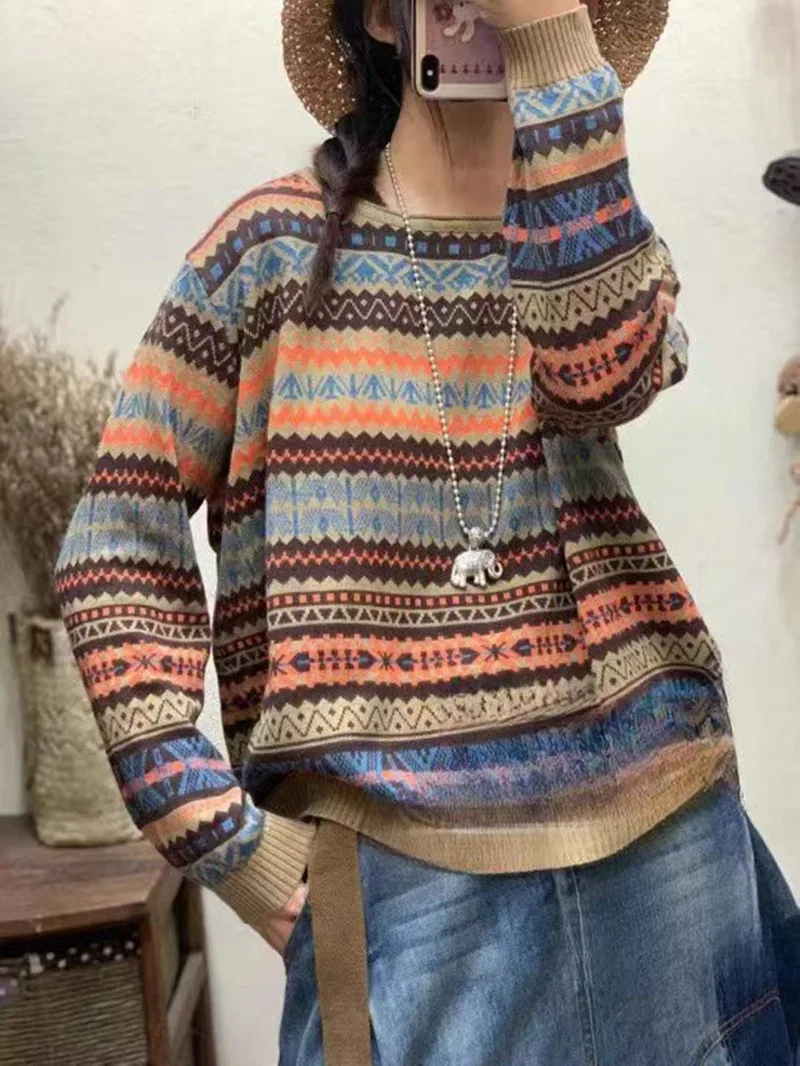Limiguyue Retro Jacquard Pattern Wool Sweater - Image 2