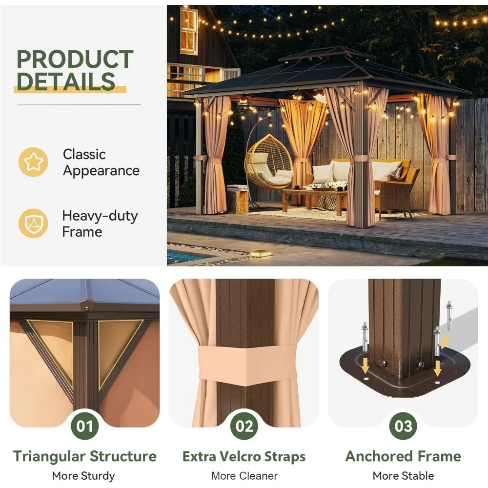 Aluminum Frame Permanent Pavilion with Curtains and Netting, Outdoor Polycarbonate Gazebo, Double Roof Canopy, Garden Sofas 5