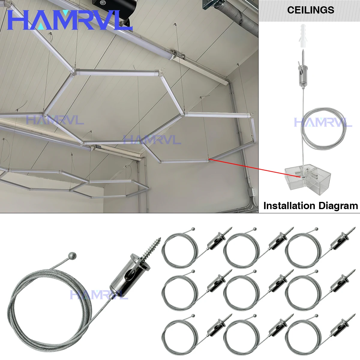 Hexagonal light cable 2M Adjustable suspension Cables Steel Hanging chain Lamp Celing for hex Garage Honeycomb Tube 1cm-200cm