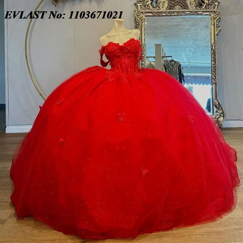 

EVLAST Glitter Red Quinceanera Dress Ball Gown Shiny Floral Applique Beading Mexico Corset Sweet 16 Vestidos De XV 15 Anos SQ109