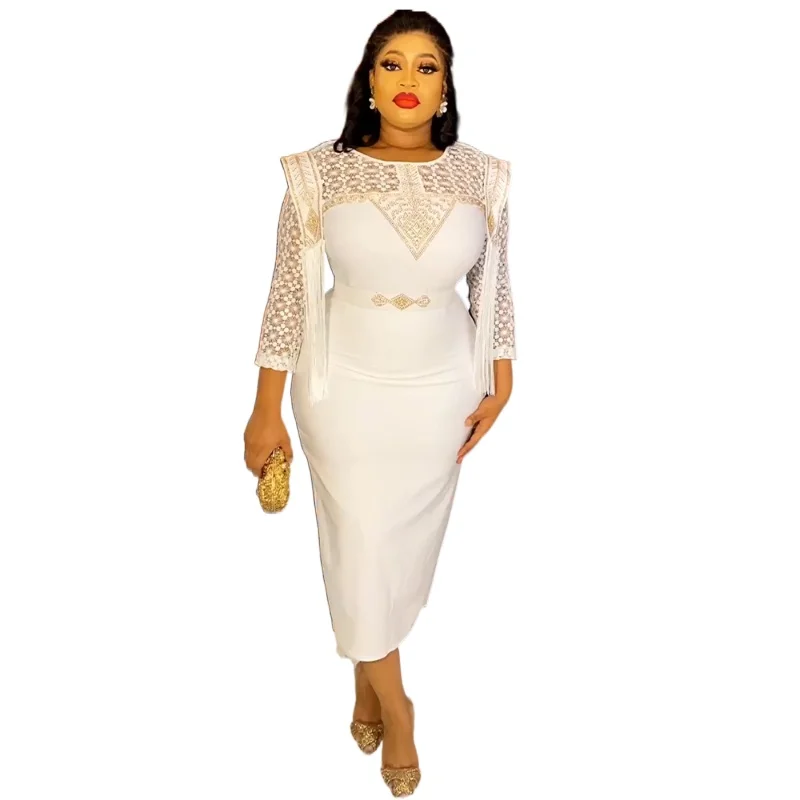 

Party Evening White Dresses For Women African Lace Sleeve Tassel Bodycon Robe Turkey Wedding Bridesmaid Dress 2023 Vestido