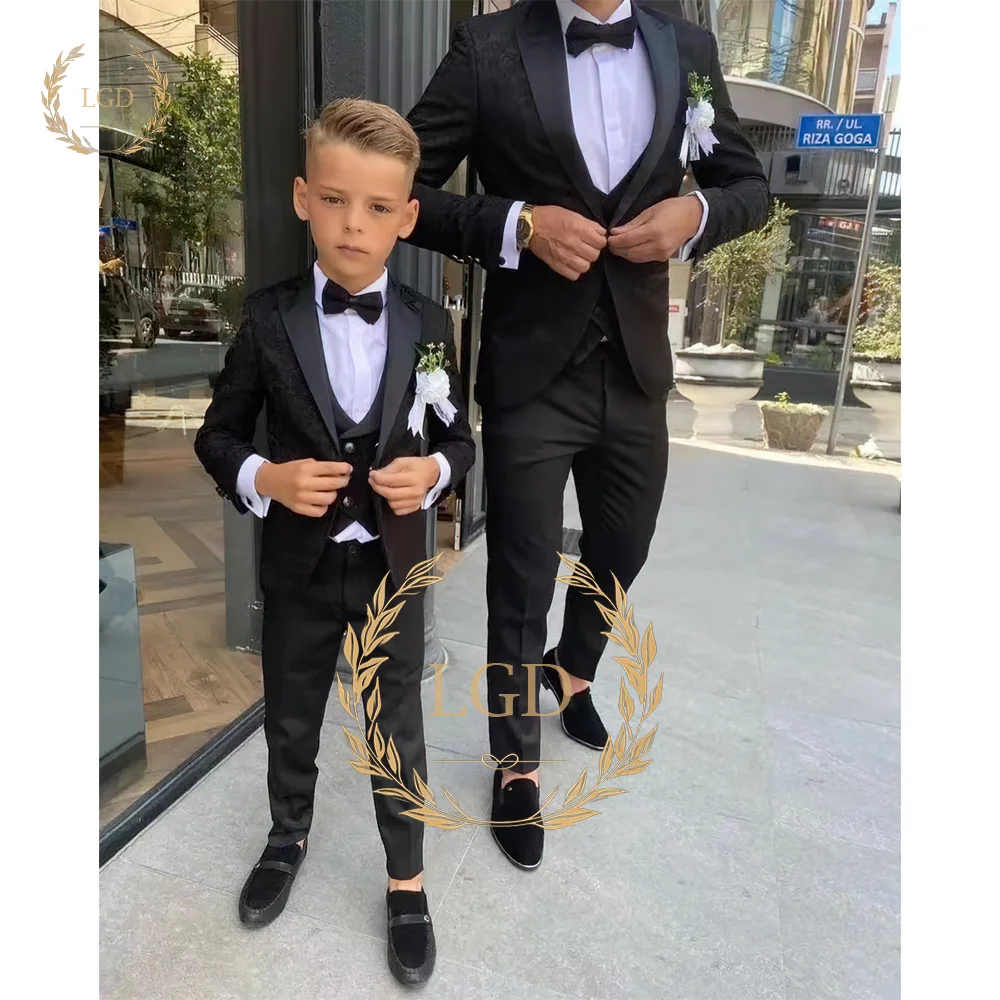 Navy pattern boy 3 piece formal suit dinner tuxedo little boy groomsmen wedding party prom jacket vest and black trousers boys formal suit set