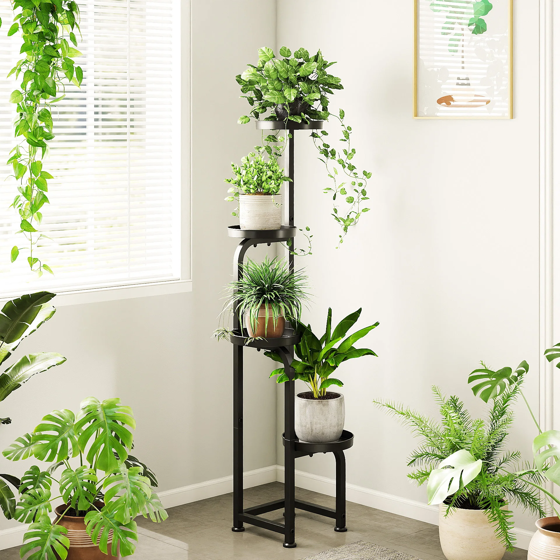 Bamworld Tall 4 Tier Corner Metal Plant Stand Indoor Outdoor Heavy Duty Flower Pot Shelf Patio Garden Balcony Living Room