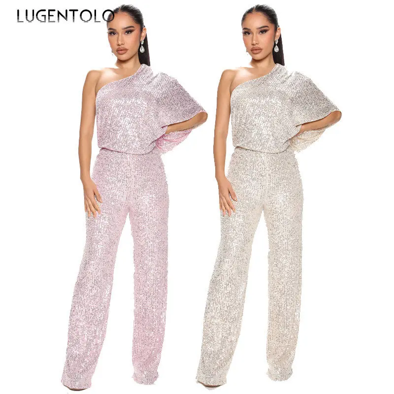 

Women Sequins Sexy Jumpsuits One Shoulder Sleeveless Party Slanted Collar Lady Spring Autumn Fashion Long Jumpsuit Lugentolo