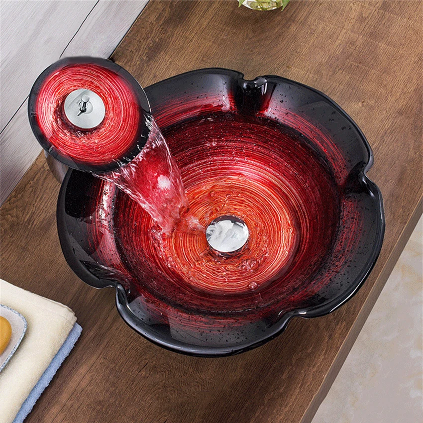 

Bathroom Washbasin Countertop Sinks Petal Shaped Colorful 12L Glass Washroom Vessel Toilet Hand Wash Pool with Waterfall Faucet