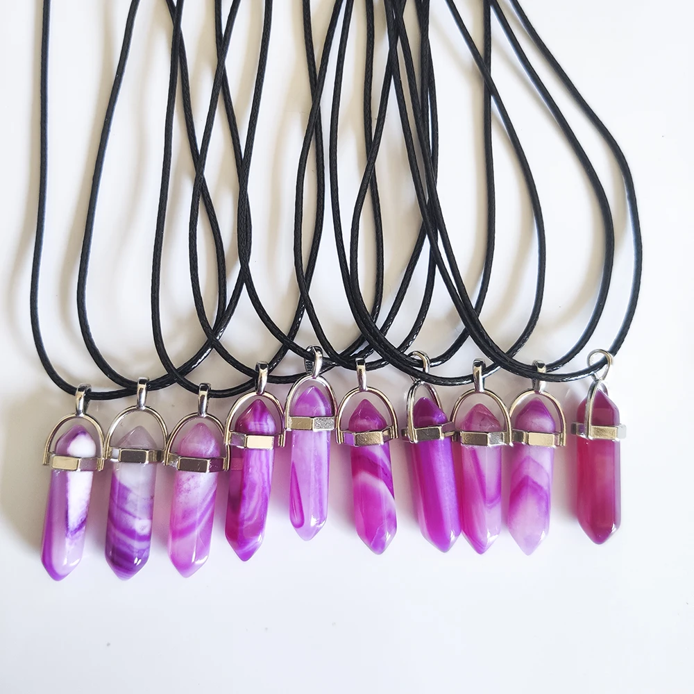 Natural Stone Stripe Agate Hexagonal Prism Shape Pendant necklaces Reiki Healing Pendulum Charms Necklace For Women Jewelry