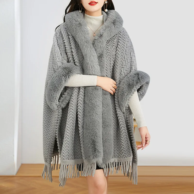 Women Faux Fur Collar Cardigan Cape With Hat Winter Warm Thick Long Batwing Sleeves Poncho Velvet Cloak Ladies Hairy Tassel Coat 2022 ladies summer collection knot round collar sexy dress with short sleeves