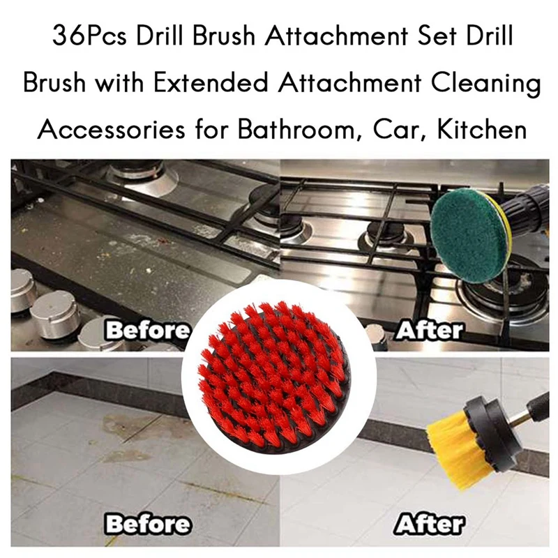 36Pcs Drill Brush Attachment Set Drill Brush With Extended Attachment Cleaning Accessories For Bathroom, Car, Kitchen