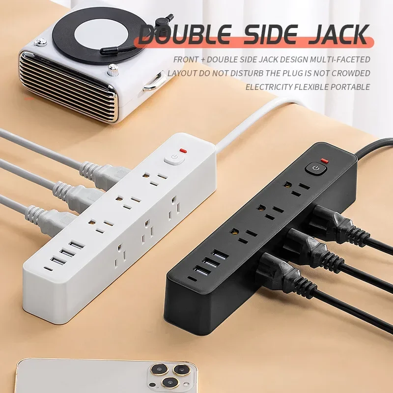 뉴 파워 멀티탭 유니버셜 플러그 (미국형) USB PD 고속 충전 패치 보드, 양면 소켓 포함, 1.5m/5m 연장 케이블 플러그