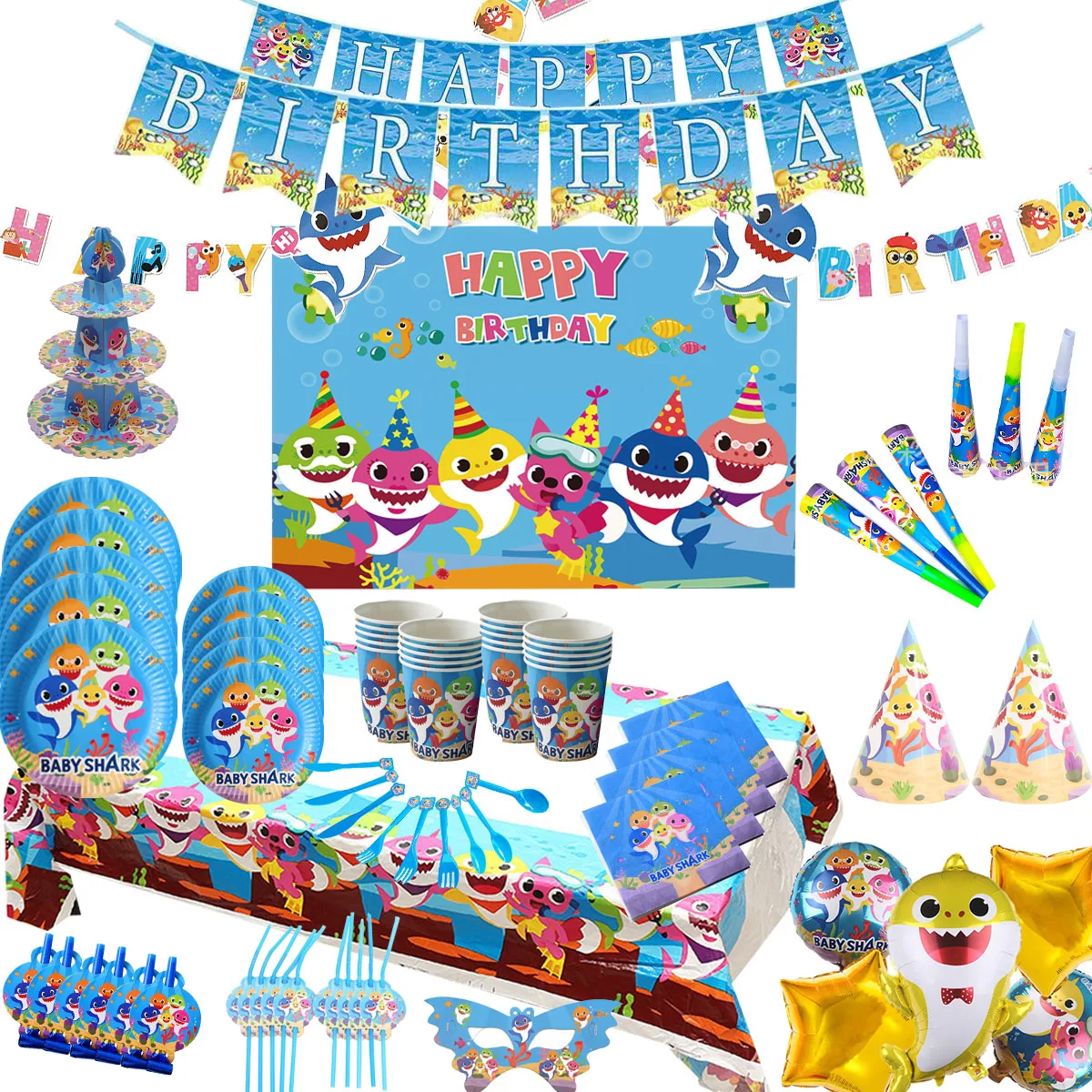 

Blue ocean Babies -SharkS Party Supplies Set Disposable Tablewares Plates Napkin Cup Straw for Boy Kids Birthday Banner Decorate