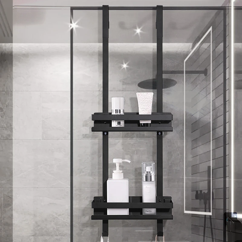 Stainless Steel Shower Room Rack – Hanging Bathroom Shelf, Double Layer Storage Basket, Glass Door Rear Towel Rack Organizer 6