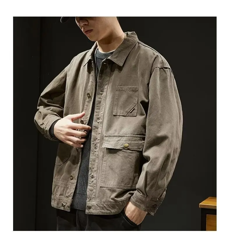 Men's Denim Jacket - Retro Korean Style Casual Workwear Coat with Functional Pockets