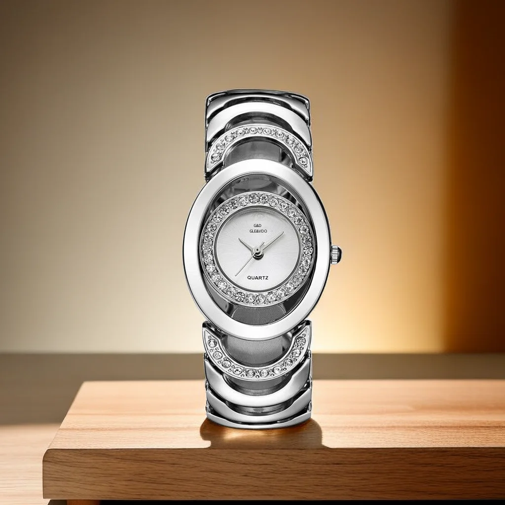G&D Luxury Quartz Watch Set With Rhinestone Circular shape Dial Hollow Electroplate Quartz Wrist Watch For Ladies Fashion