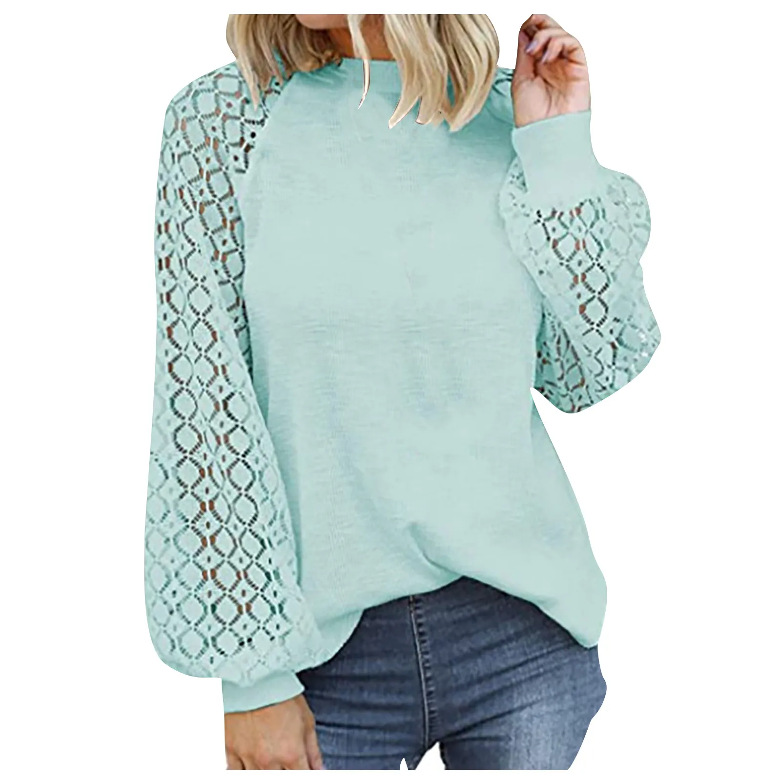 

Women'S Fashion Casual Blouse Soild Long Sleeve Lace Splicing Loose Top Top Women Fashion Woman Blouse 2023 T Shirt For Women