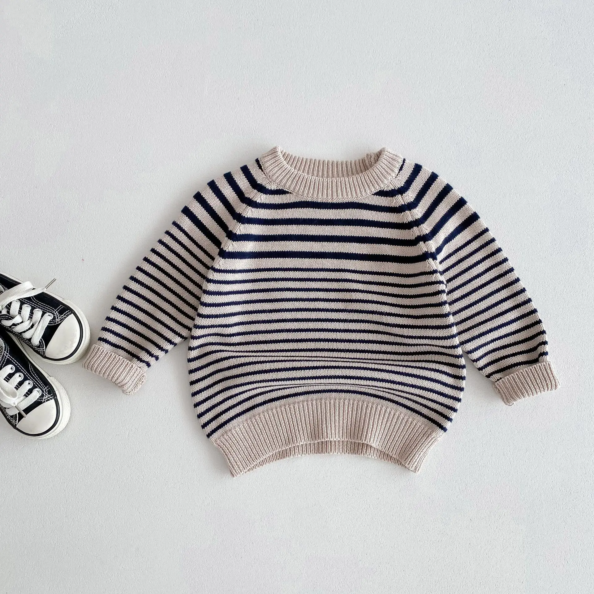 

2024 Autumn New Children Striped Sweater Baby Girls Versatile Knitted Pullover Tops Toddler Boys Casual Knitwear Kids Clothes