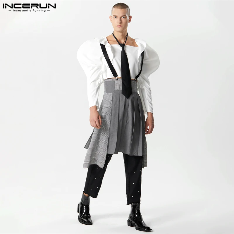 

Стильные женские мужские брюки INCERUN 2023, плиссированные клетчатые лоскутные брюки, повседневные уличные половинные юбки с ремешком через плечо, брюки