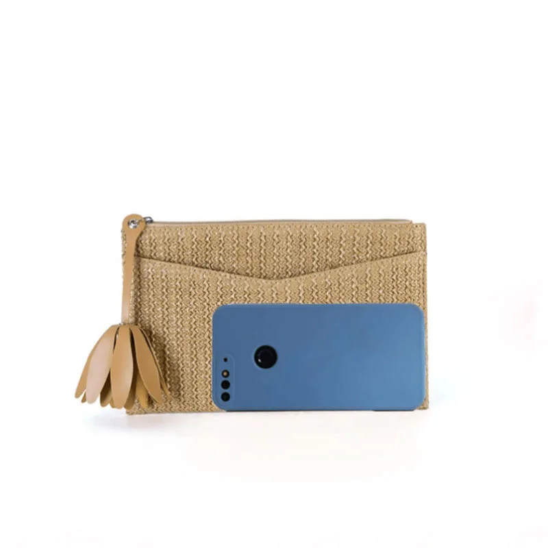 2024 Women Trend Straw Evenlope Clutch Handbag Summer Beach Woven Rattan Party Purse with Floral Pattern Tassels Messenger Bags