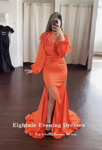 Eightale Feathers Prom Dress for Wedding Satin Arabic V-Neck Evening Gown Long Sleeve Mermaid Orange Party Dress robes de soirée 2