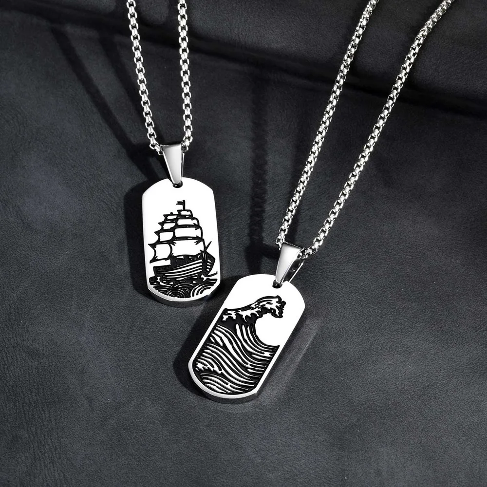 Punk-Seewellen-Erkennungsmarken-Halskette für Männer, Edelstahl, schwarzes Öl, Segelboot, Militär-Anhänger, Geschenk für Ehemann, Sohn, Vater
