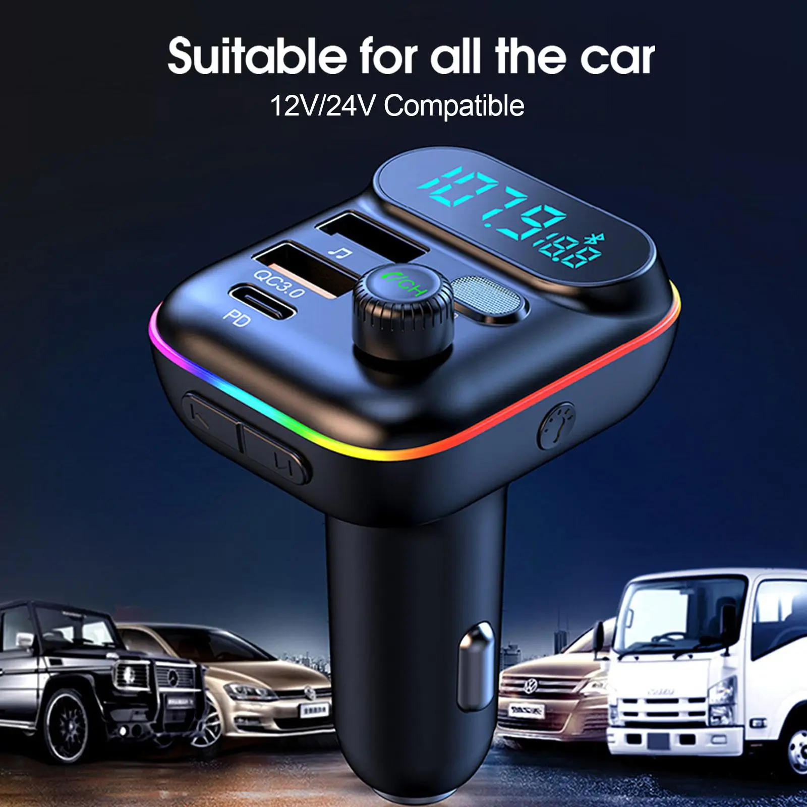 FM Transmitter Car Fast Charge Bluetooth 5.0 FM Transmitter PD Dual Player Music Type-C Colorful Ambient MP3 Light Cigarette Lighter USB