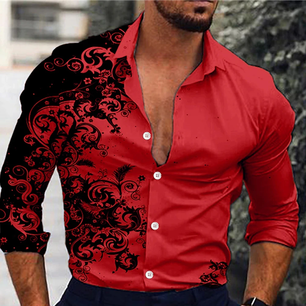 Men's red patterned long-sleeved shirt men's casual versatile fashion street men's shirt lapel single-breasted long sleeve