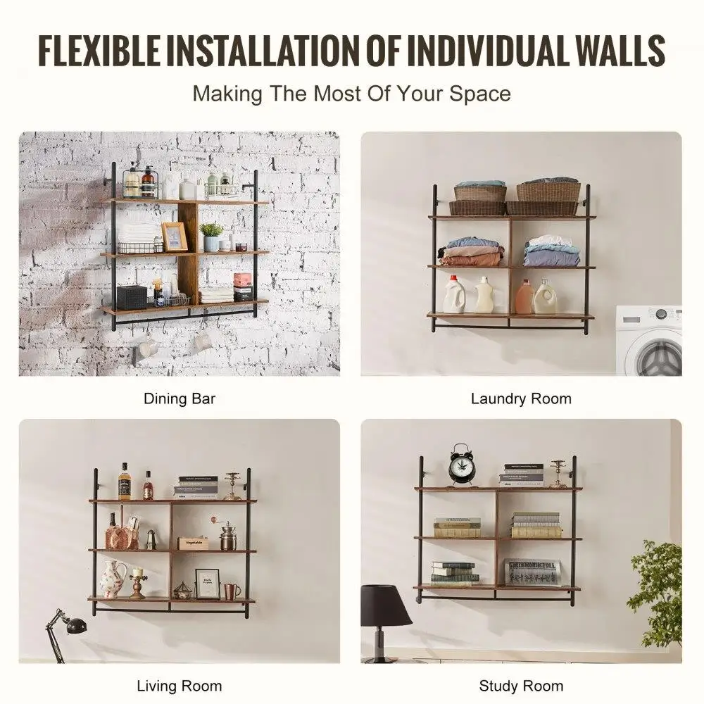 Industrial Pipe Shelf 3 Tier 41.5x9.84in Wall-Mount for kitchen Bedroom 2
