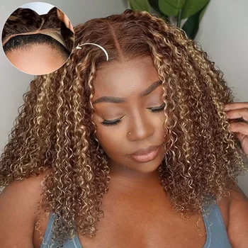 10 14 Inch Curly Short Bob Wig Highlight 4/27 Honey Blonde Human Hair 5x5 Glueless Wig Deep Wave For Women Virgin Human Hair 1
