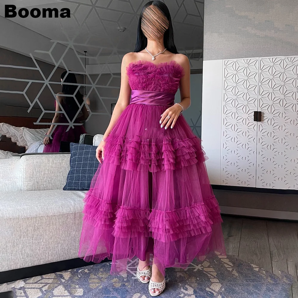

Booma Purple Prom Dresses Strapless Ruched Tiered Tulle Women's Evening Dresses Ankle Length A Line Formal Occasion Gowns Dubai