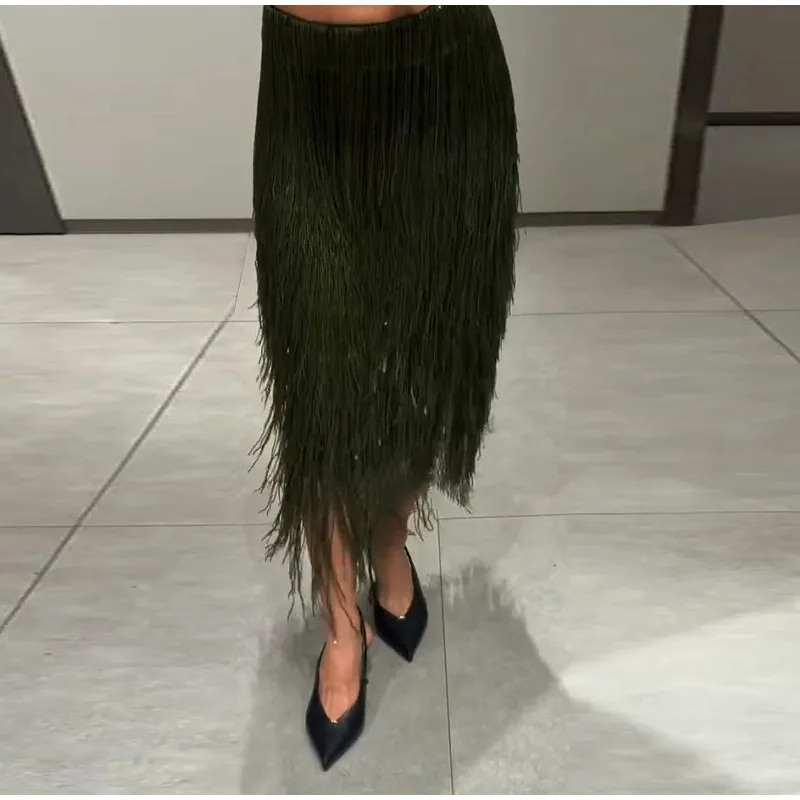 Women's Olive Green Sequin Fringe Midi Skirt Sparkly Tassel Party Skirt for Evening Clubwear 2025 Festival New Sexy Lady Skirts 14 S61061ec3f5c348cc973a78e8e9f0a9b5q