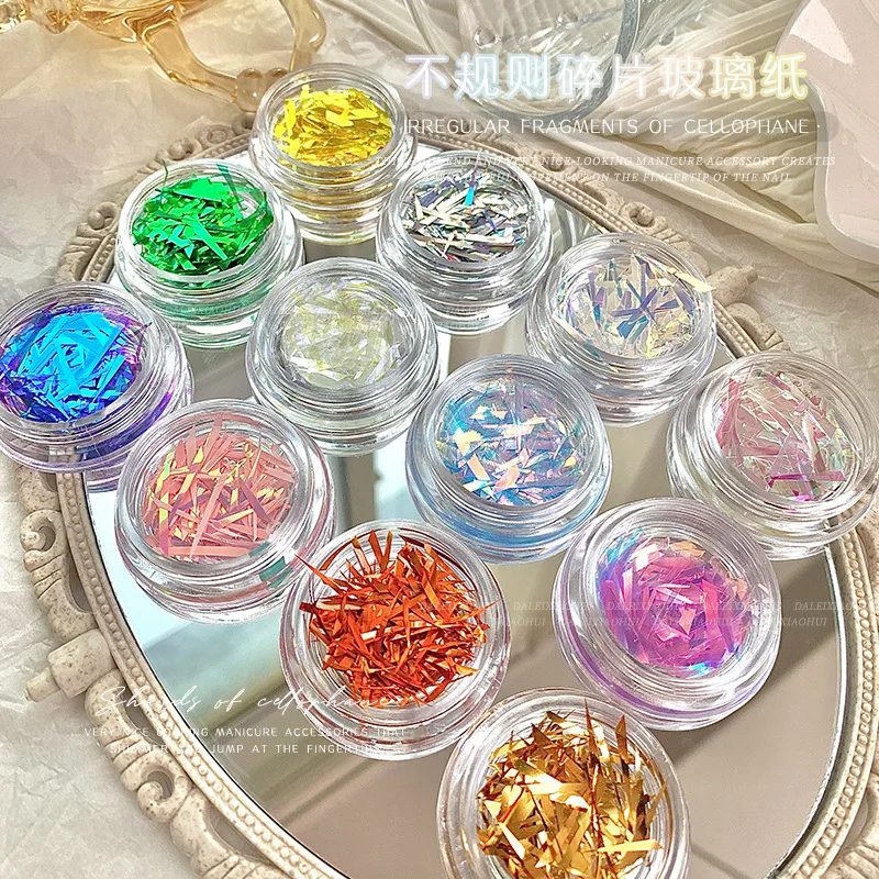 Irregular Holographic Broken Glass Paper Aurora Nail Foil Decal Gradient Laser Flakes Sticker DIY Nail Decoration