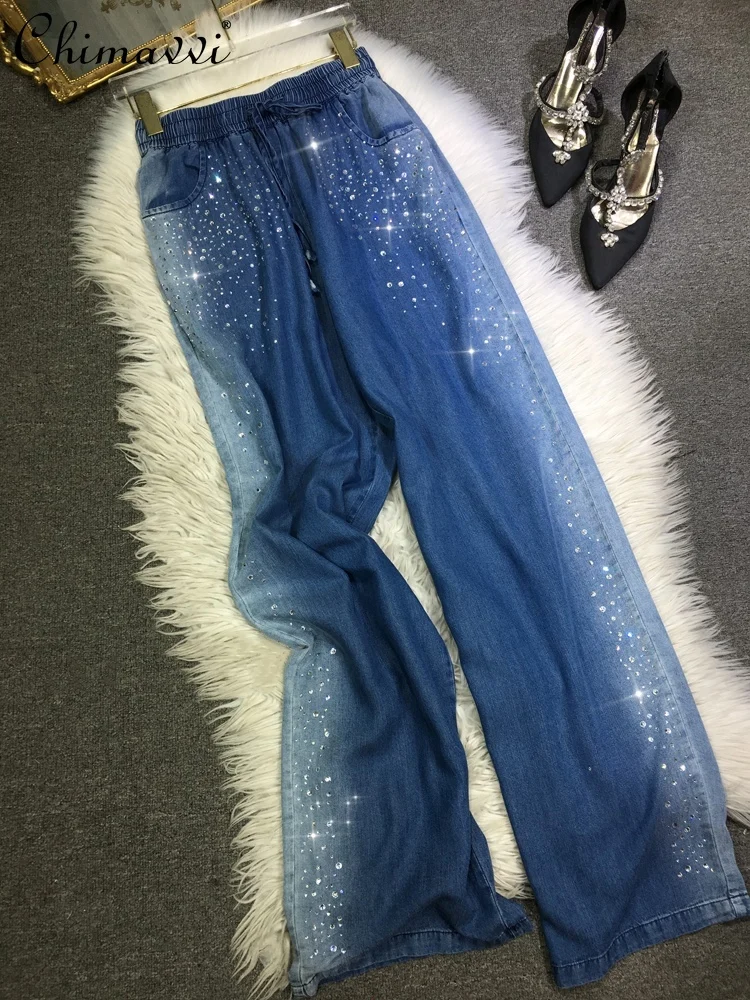 

European Hot Drilling Jeans Women Summer Fashion Light Elastic Waist Oversized Straight Pants Gradient Color Light Blue Trousers