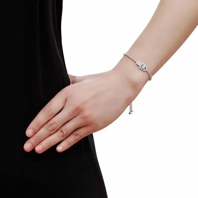 OCESRIO Paved Zircon Hamsa Silver Color Charm Bracelet Hand of Fatima Adjustable Women Fashion Jewelry