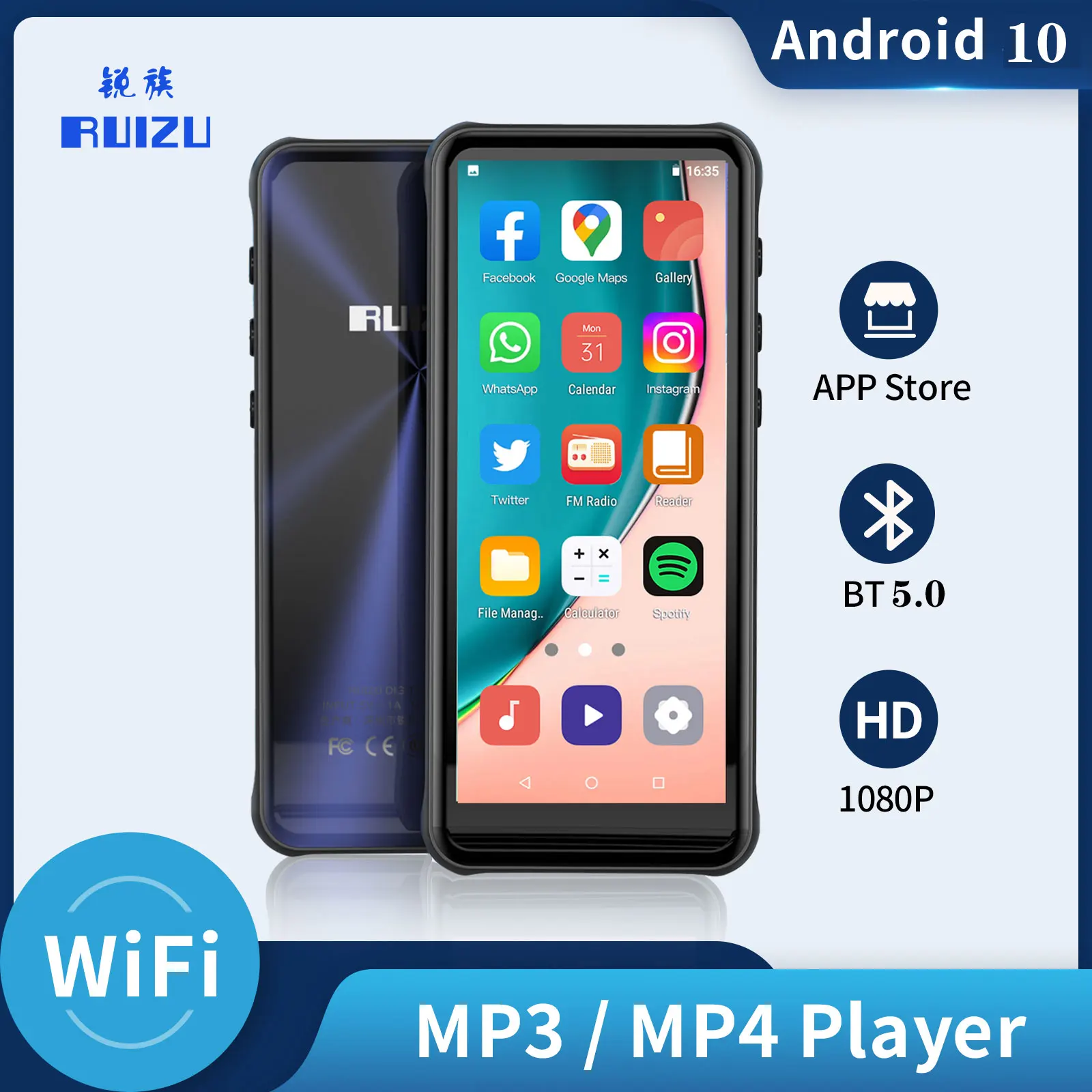 RUIZU Z80 16G WiFi Android 10 MP4 Player With Bluetooth 5.0 HiFi MP3 Player 4.0inch Full Touch Screen Walkman FM/ Ebook/Video 1