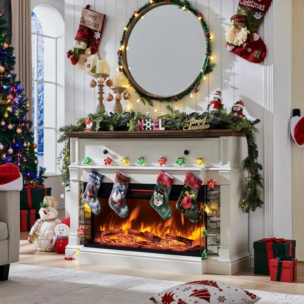 52" Electric Fireplace with Mantel, Freestanding Fireplace Heater TV Stand with 36" 3-Side Glass Insert for TVs 6