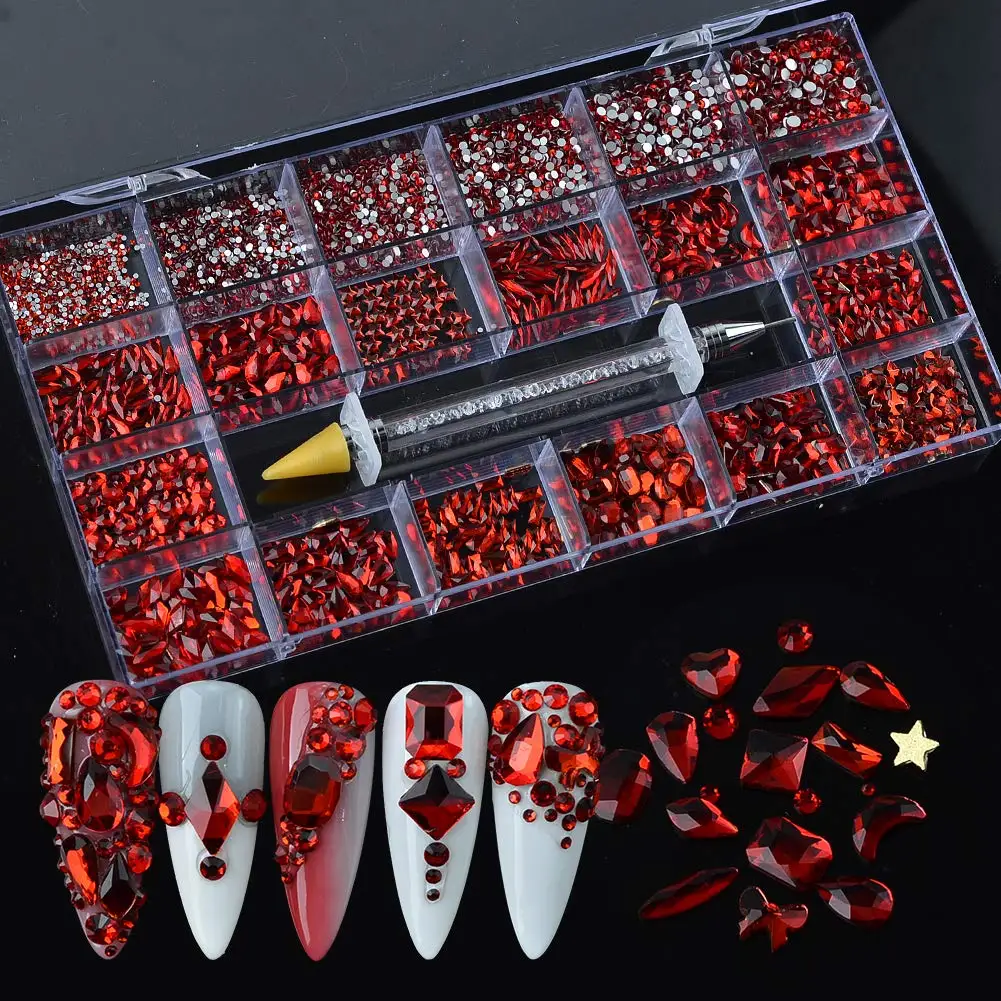 10400pcs Red Nail Rhinestones Set, Mix Sizes Flatback Crystals Nail Gems  Stone Glass Red Rhinestone with Wax Pen Red Diamond